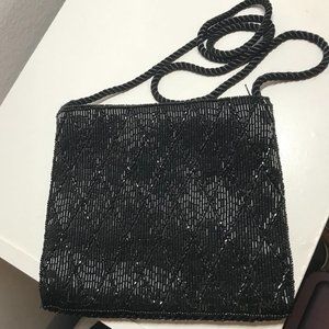 VINTAGE Black Beaded Evening Bag with Strap